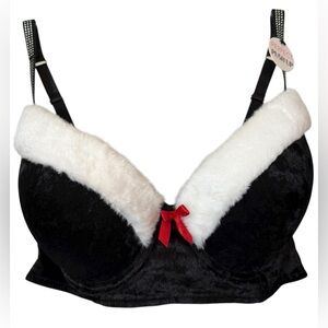 Luxurious Black Velvet Bra with White Fur Trim and Red Bow